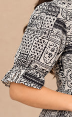 White With Black Cotton Ajrakh Printed Kurti Gown