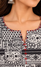 White With Black Cotton Ajrakh Printed Kurti Gown