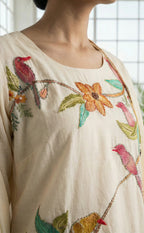 White Roman Silk Kurti Set with Brush paint digital printed pom-pom Dupatta
