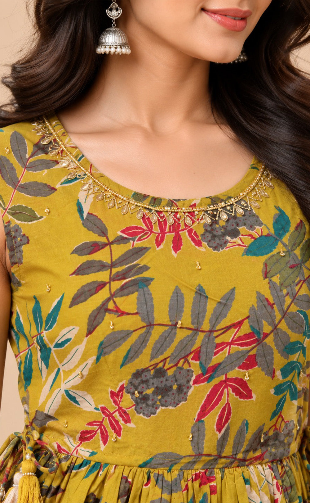 Mustard Yellow Cotton Beats Work Kurti Gown