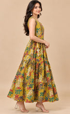 Mustard Yellow Cotton Beats Work Kurti Gown