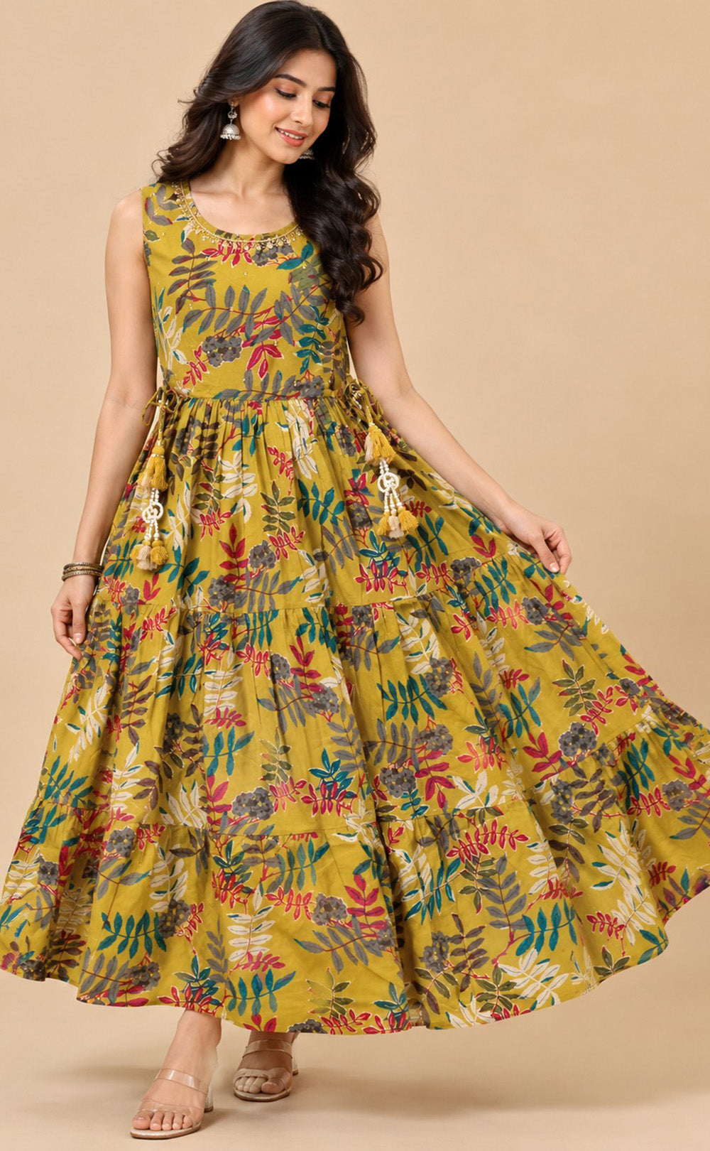 Mustard Yellow Cotton Beats Work Kurti Gown