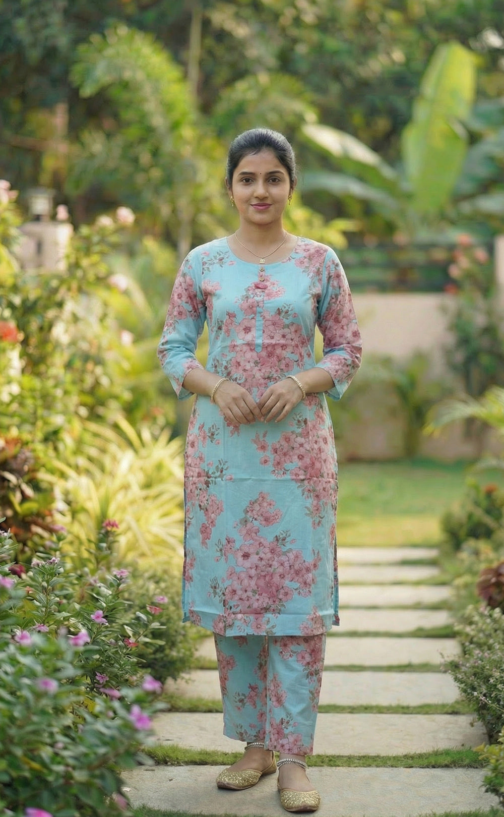 Blue And Pink Floral Straight Kurti
