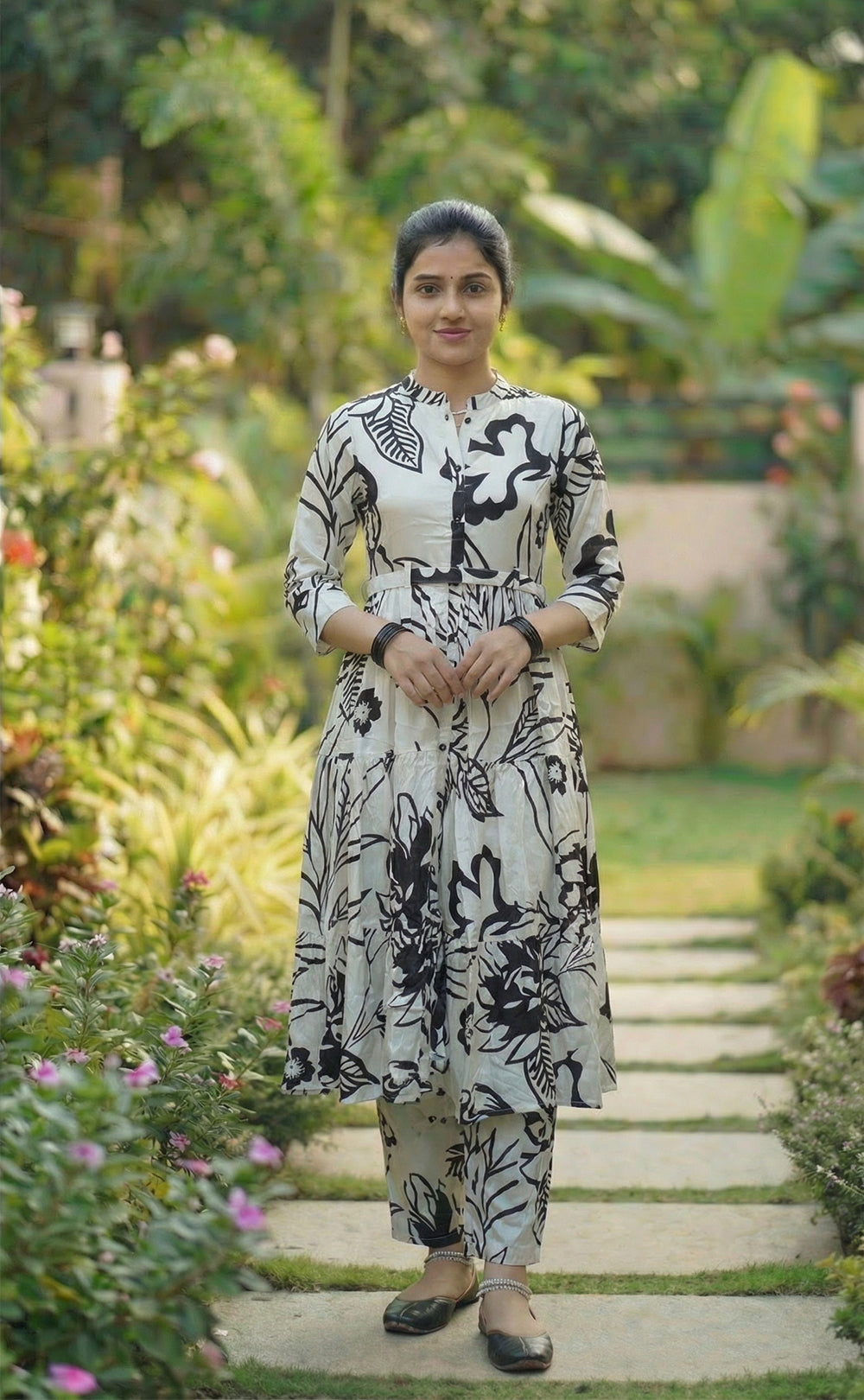 Elegant Cream & Black Botanical Print Kurti Gown