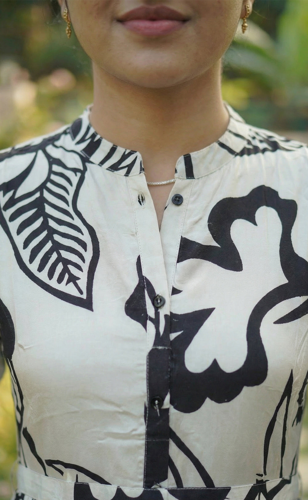 Elegant Cream & Black Botanical Print Kurti Gown