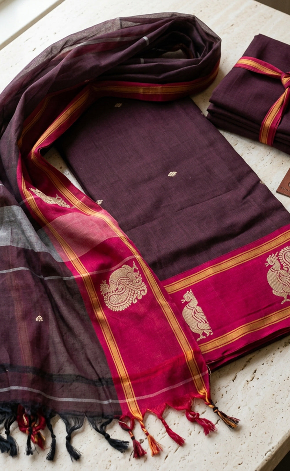 Deep Wine Cotton Buti Thread Work Un-Stitched Dress Material