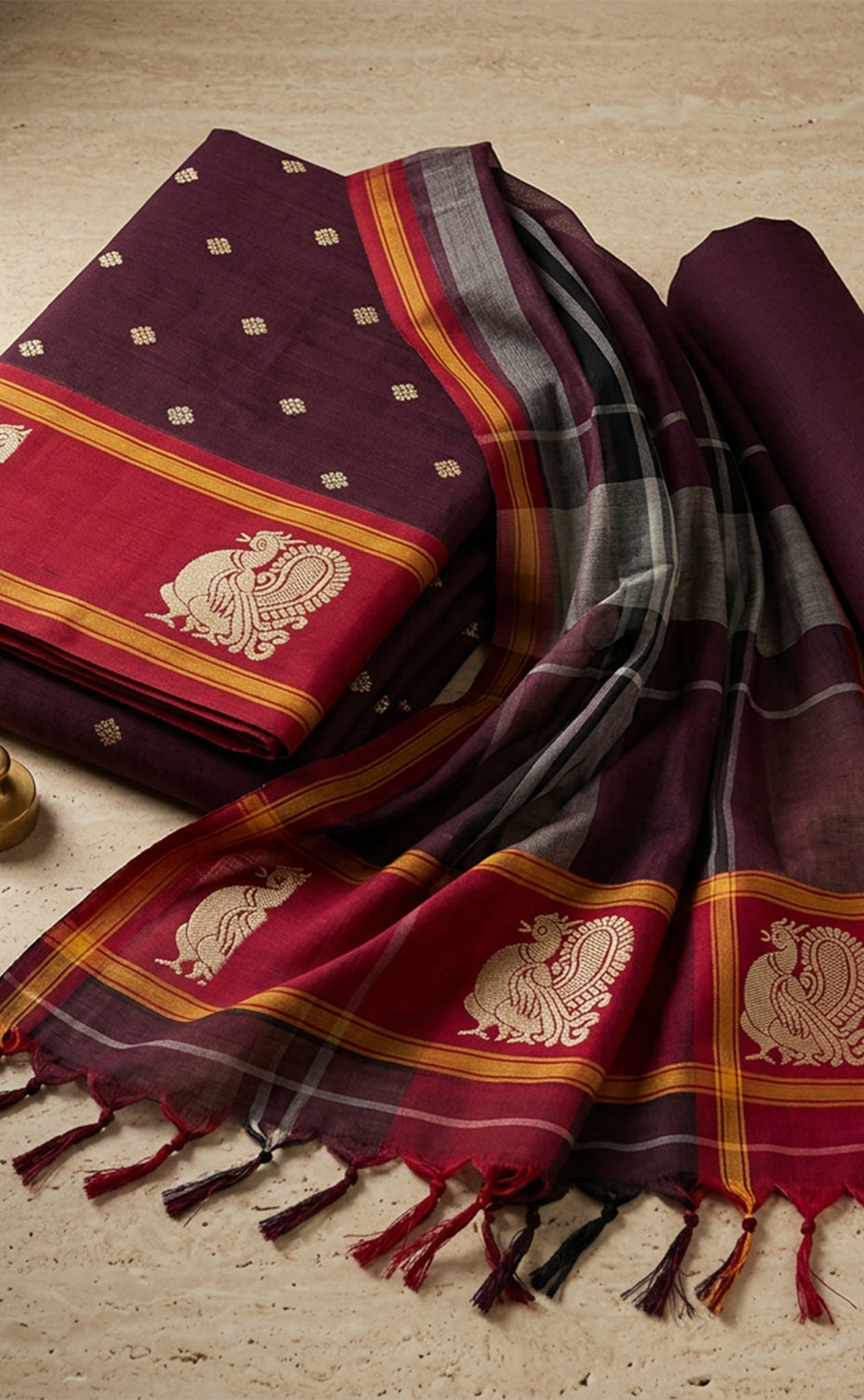 Deep Wine Cotton Buti Thread Work Un-Stitched Dress Material
