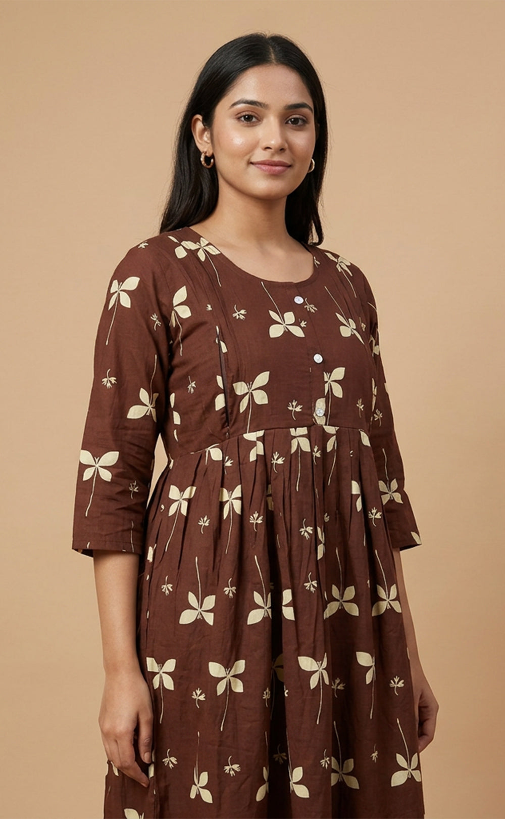 Brown Rayon All-Over Floral Printed Feeding Kurti