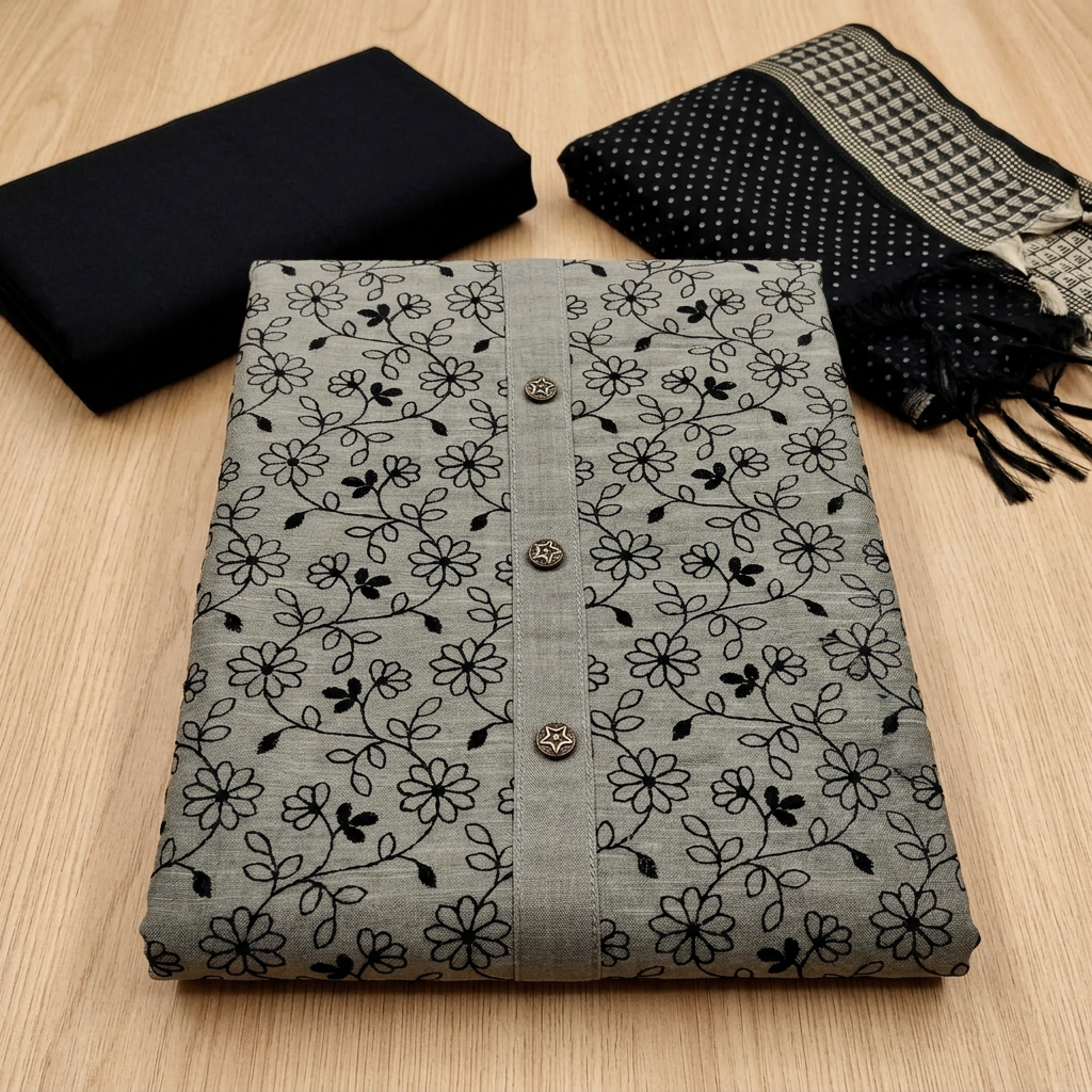 Black With Grey Chanderi Floral Thread Embroidery Un-Stitched Dress Material
