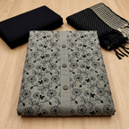 Black With Grey Chanderi Floral Thread Embroidery Un-Stitched Dress Material