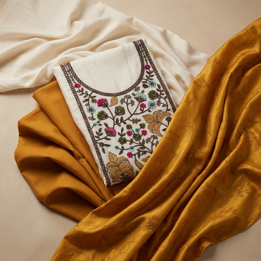 Half-White With Mustard Yellow Chanderi Thread Embroidery With Sequence Work Un-Stitched Dress Material