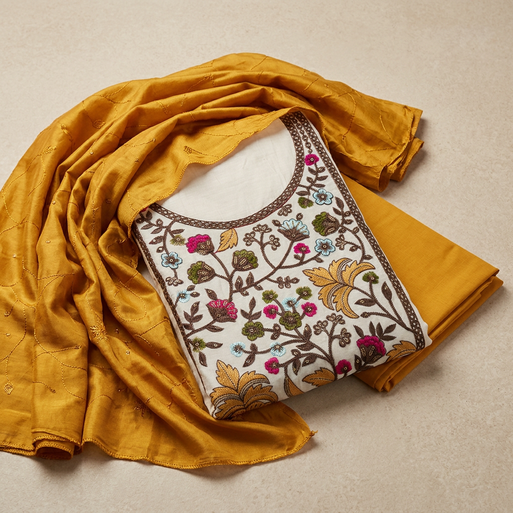 Half-White With Mustard Yellow Chanderi Thread Embroidery With Sequence Work Un-Stitched Dress Material