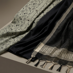 Black With Grey Chanderi Floral Thread Embroidery Un-Stitched Dress Material