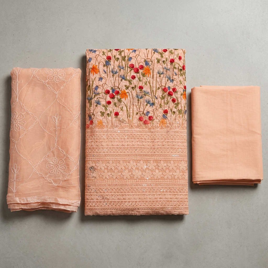Light Orange Cotton Chikankari Work Un-Stitched Dress Material