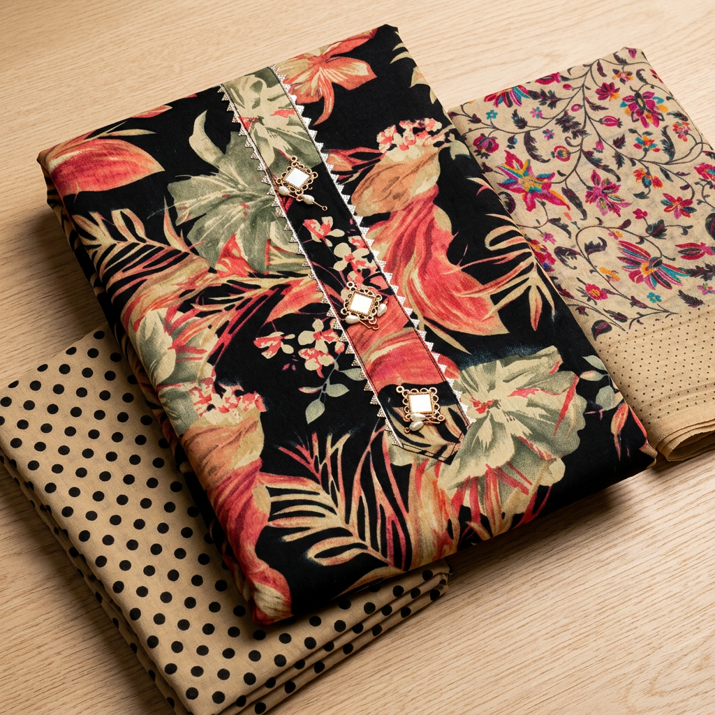 Black Cotton Floral Printed Un-Stitched Dress Material
