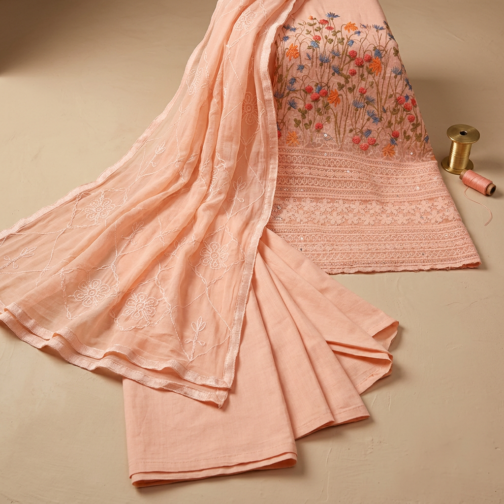 Light Orange Cotton Chikankari Work Un-Stitched Dress Material