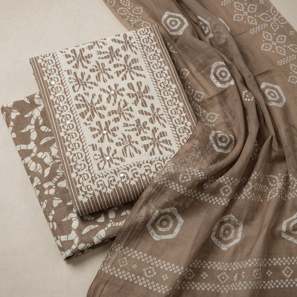 Cream Cotton Floral Print With Sequence Work Un-Stitched Dress Material