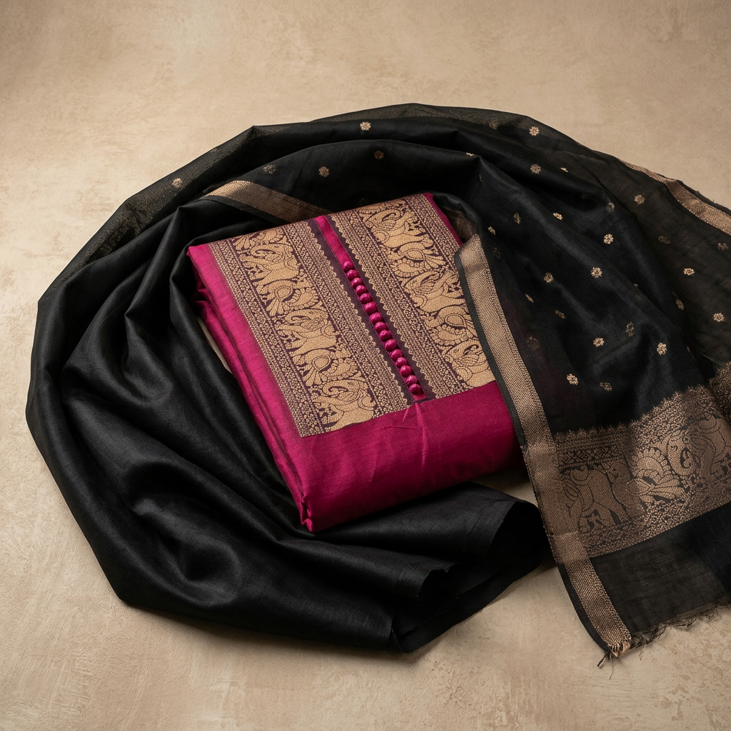 Wine With Black Gold Elephant Weaving With Pom-Pom Un-Stitched Dress Material
