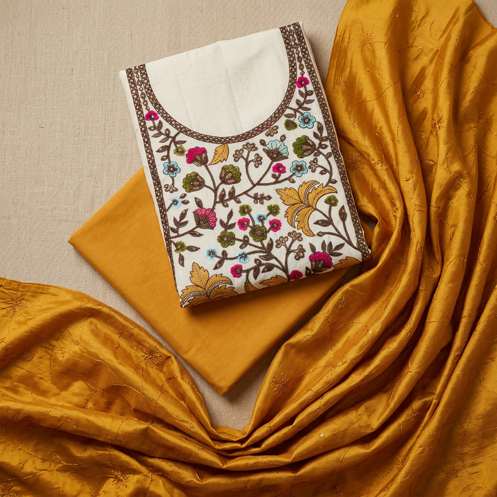 Half-White With Mustard Yellow Chanderi Thread Embroidery With Sequence Work Un-Stitched Dress Material