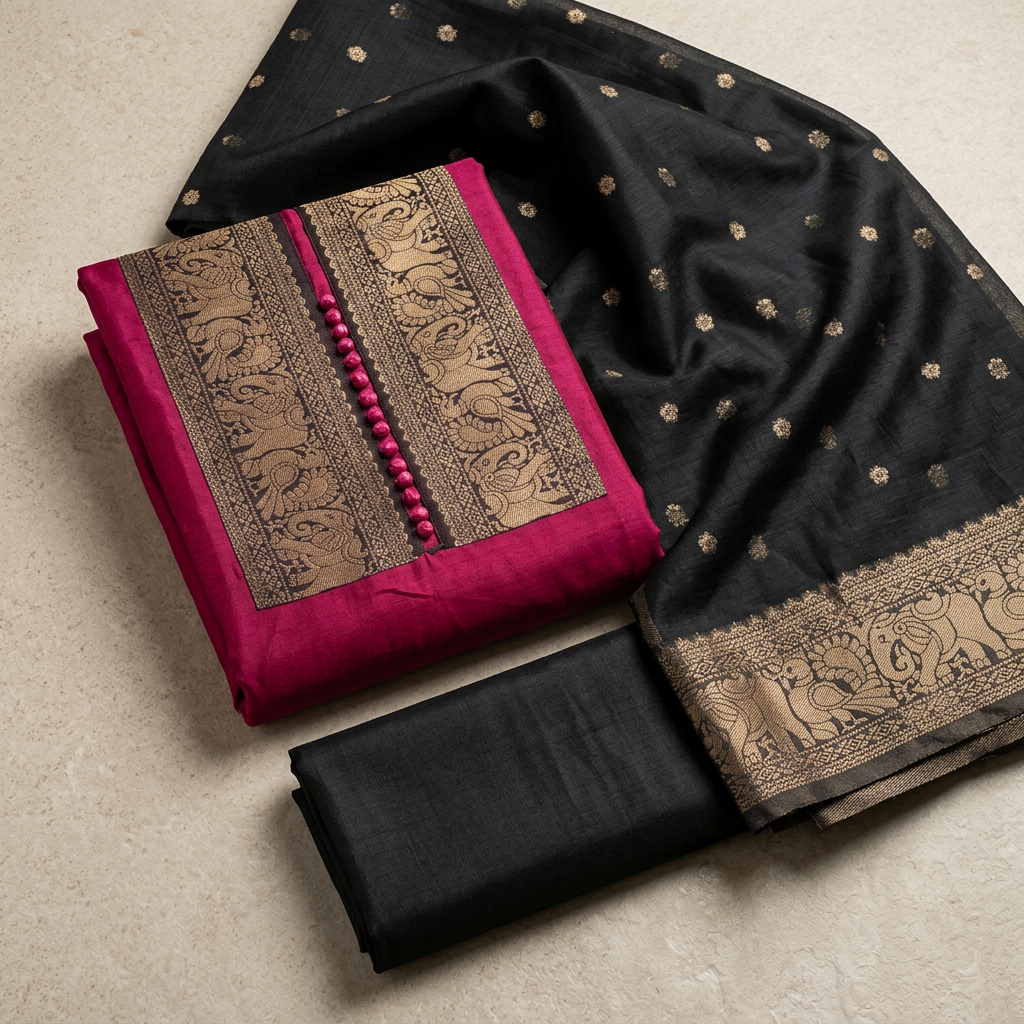Wine With Black Gold Elephant Weaving With Pom-Pom Un-Stitched Dress Material