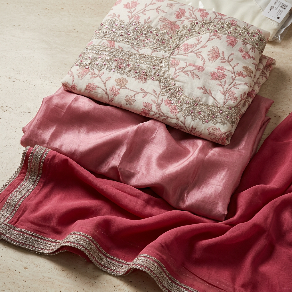 Cream With Pink Chanderi Golden Thread Work With Floral Printed Un-Stitched Dress Material