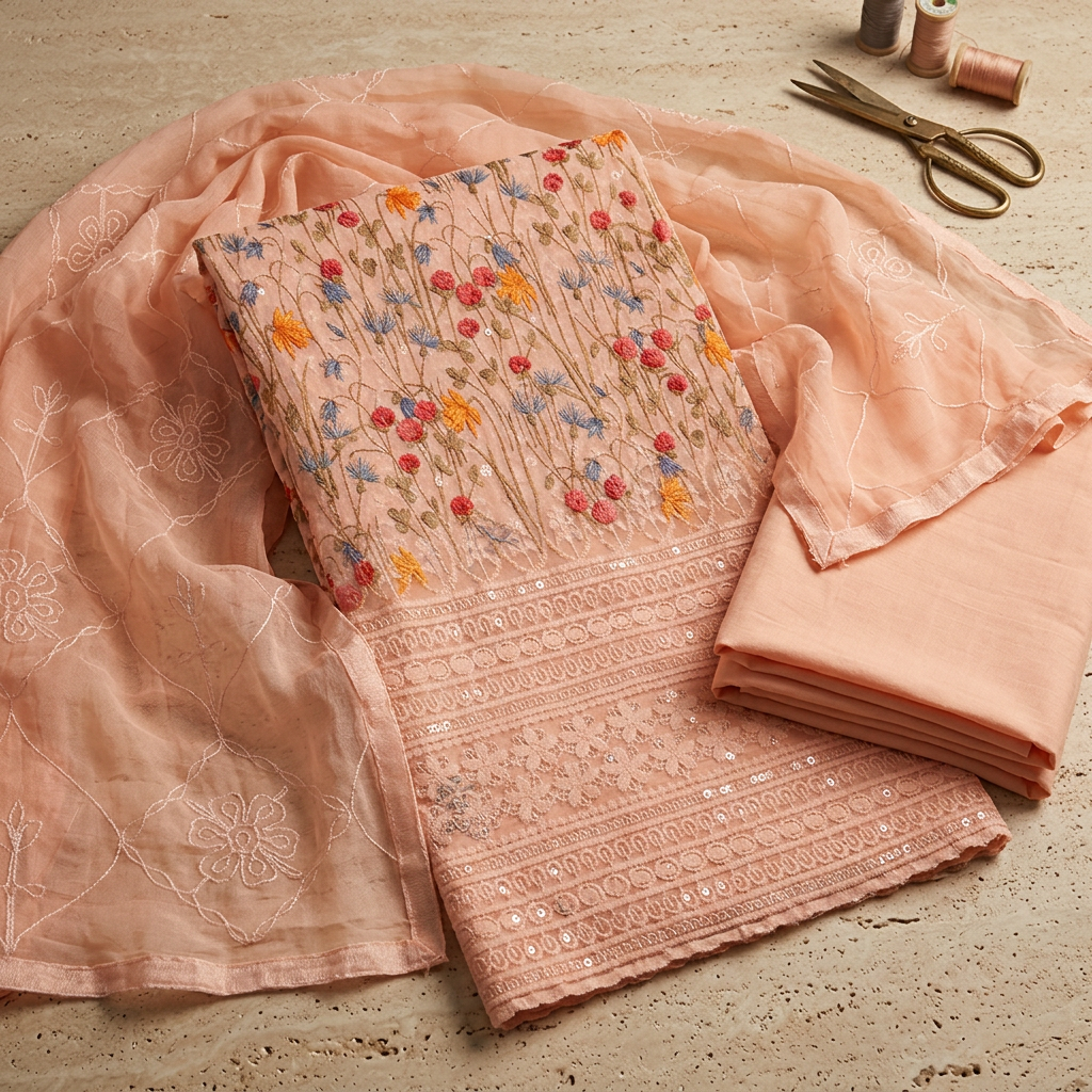Light Orange Cotton Chikankari Work Un-Stitched Dress Material