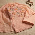 Light Orange Cotton Chikankari Work Un-Stitched Dress Material