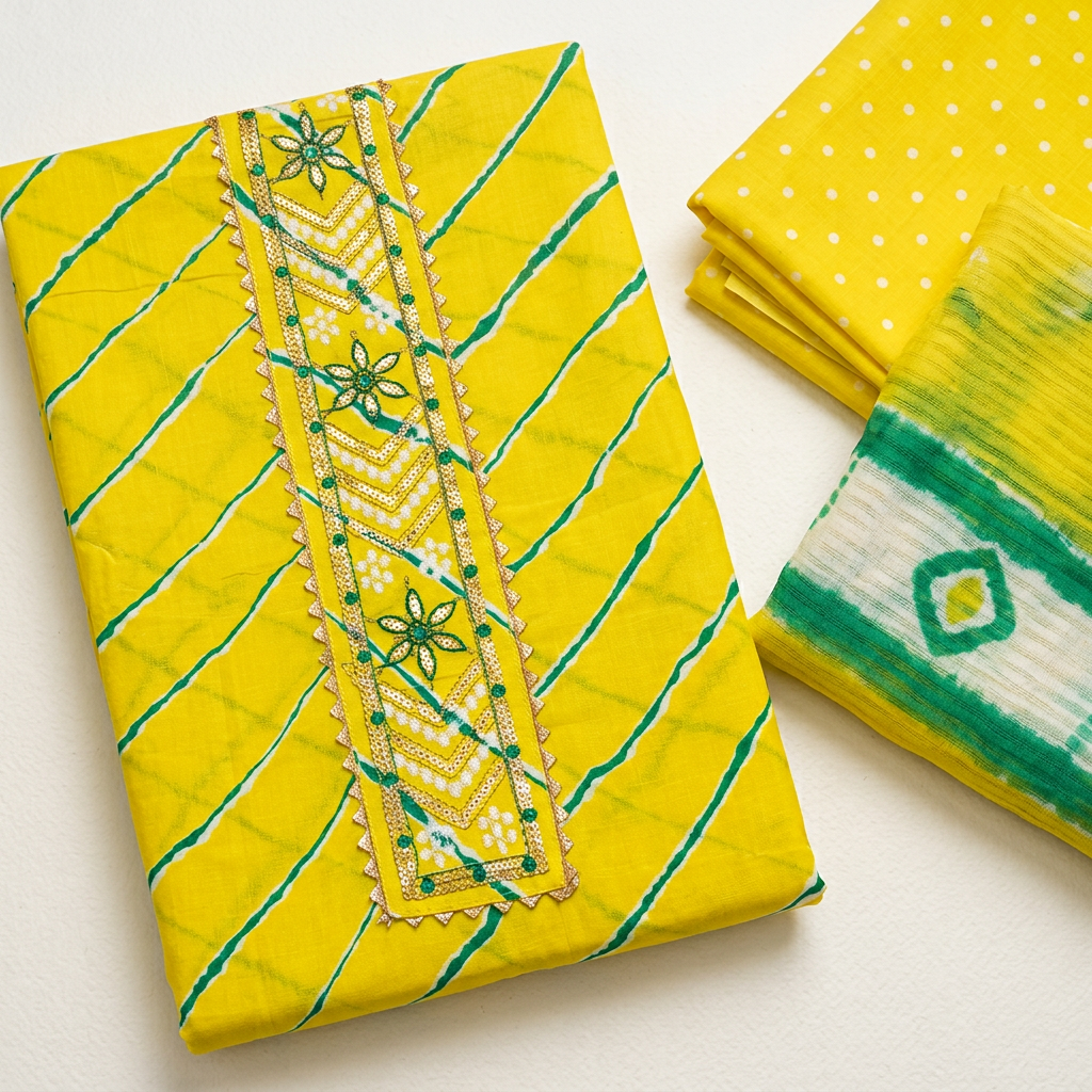 Lemon Yellow Cotton Patch Work Un-Stitched Dress Material