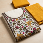 Half-White With Mustard Yellow Chanderi Thread Embroidery With Sequence Work Un-Stitched Dress Material