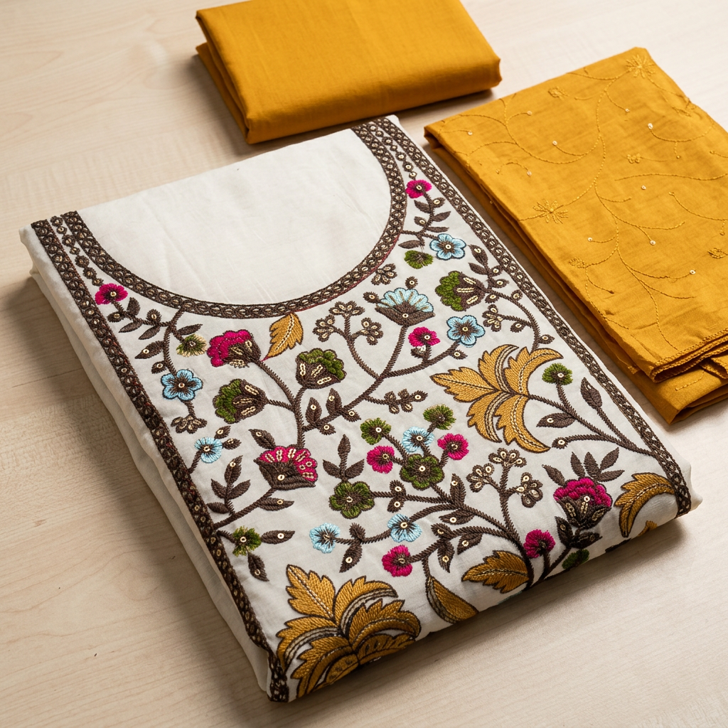Half-White With Mustard Yellow Chanderi Thread Embroidery With Sequence Work Un-Stitched Dress Material