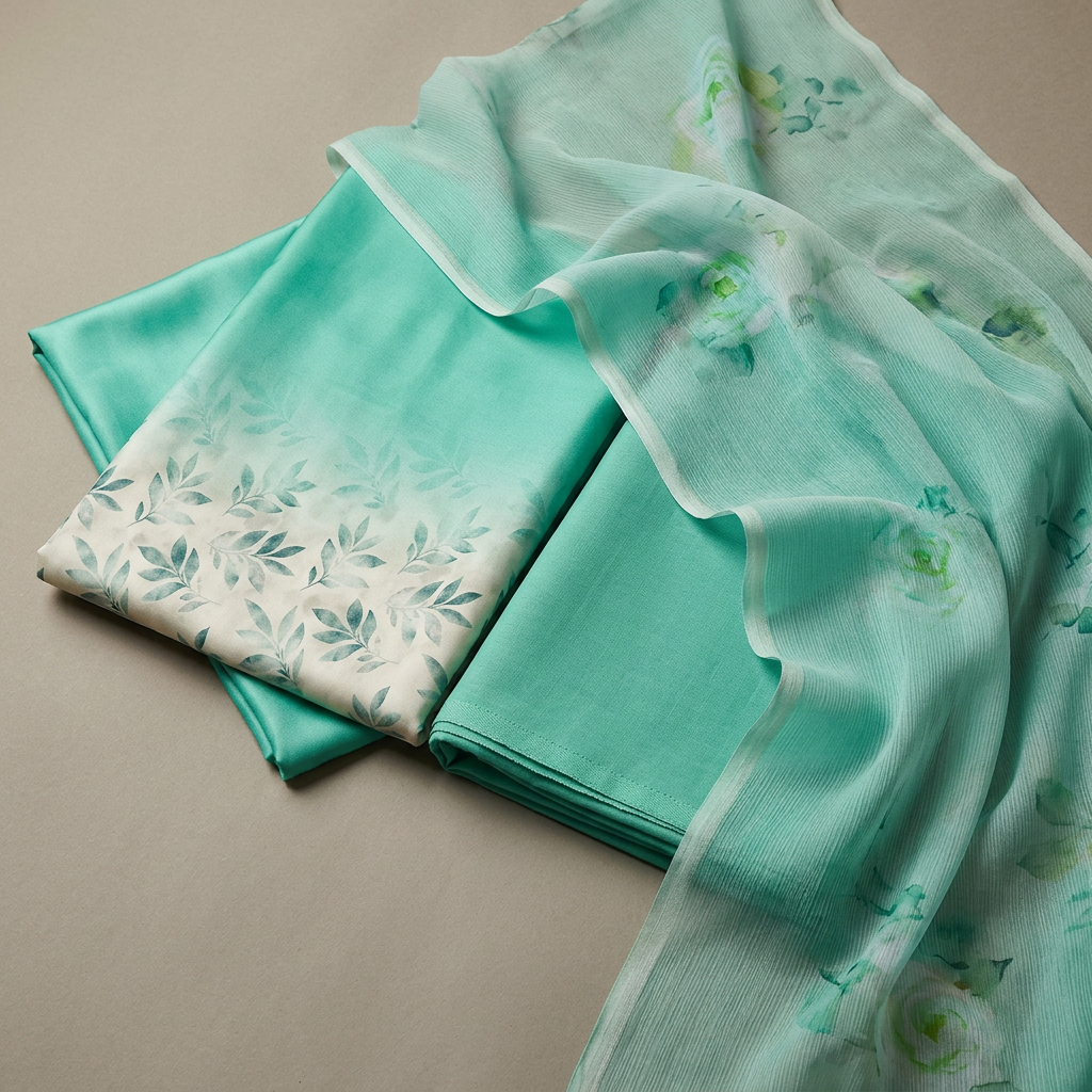 Mint Green Crepe Floral Printed Un-Stitched Dress Material