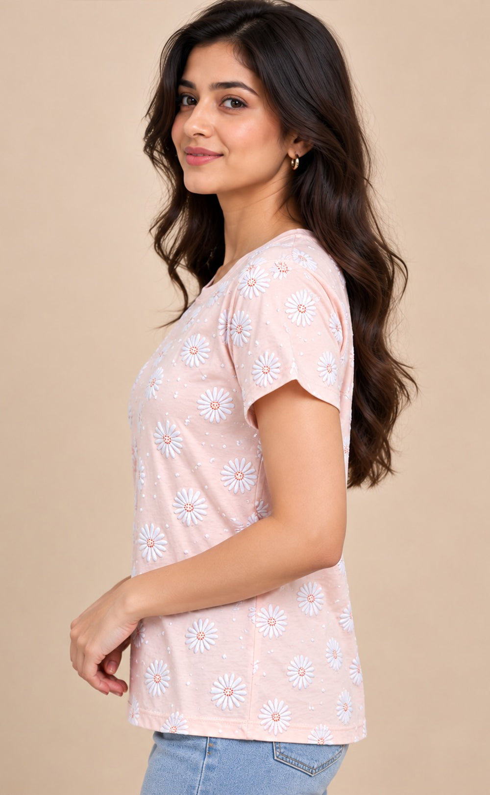 Baby Pink Baniyan Floral Printed T-Shirt