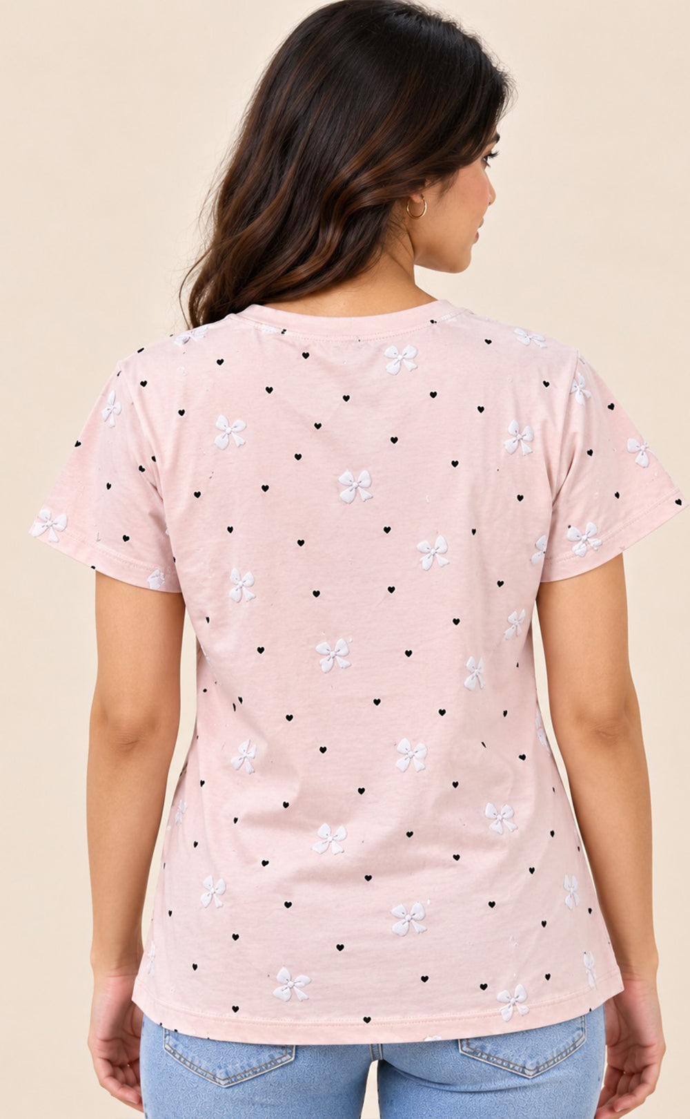 Peach Pink Baniyan Little Heart Printed T-Shirt