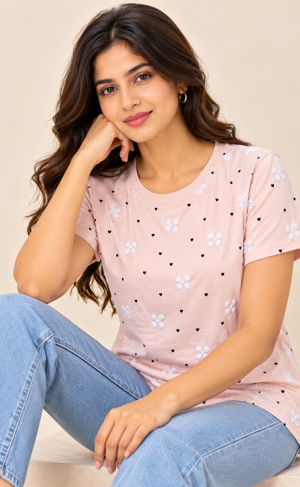 Peach Pink Baniyan Little Heart Printed T-Shirt