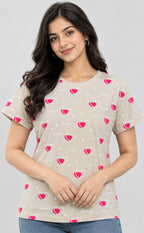 Cream Baniyan Heart Printed T-Shirt