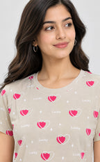 Cream Baniyan Heart Printed T-Shirt
