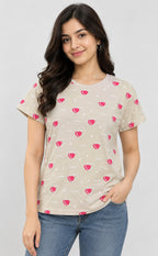 Cream Baniyan Heart Printed T-Shirt