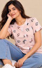 Light Rose Pink Baniyan Text Printed T-Shirt
